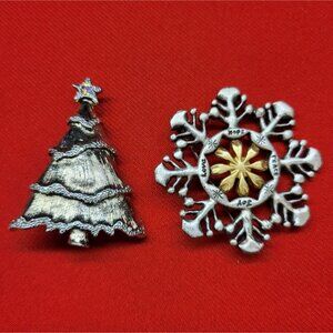 Christmas Pin Brooch Silver Gold Christmas Tree Snowflake Set of 2